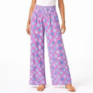 Simply Southern Pink & Blue Seashell Print Smocked Waist Wide Leg Palazzo Pants